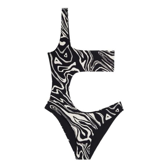 WeWoreWhat One Shoulder Cut Out One Piece Black and White Swimsuit Medium New - Picture 1 of 10